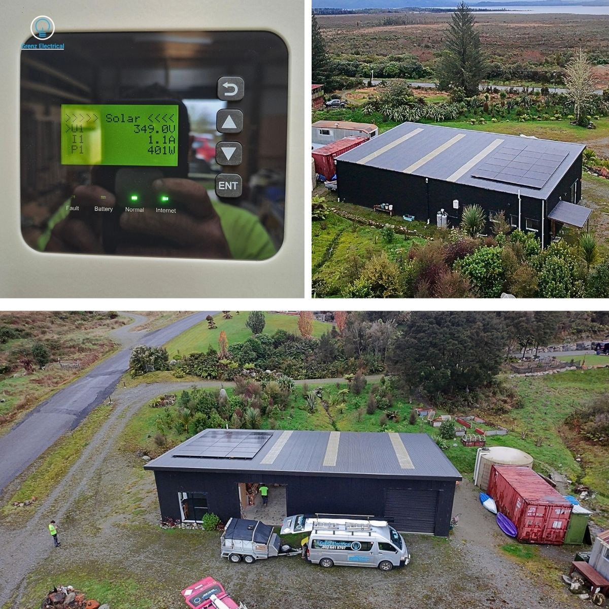 Grenz Electrical vans beside a completed rural solar installation near Moana